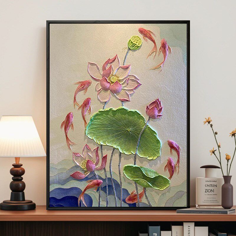 莲花好运连连石英砂立体肌理画diy全套材料手工好寓意数字油彩画