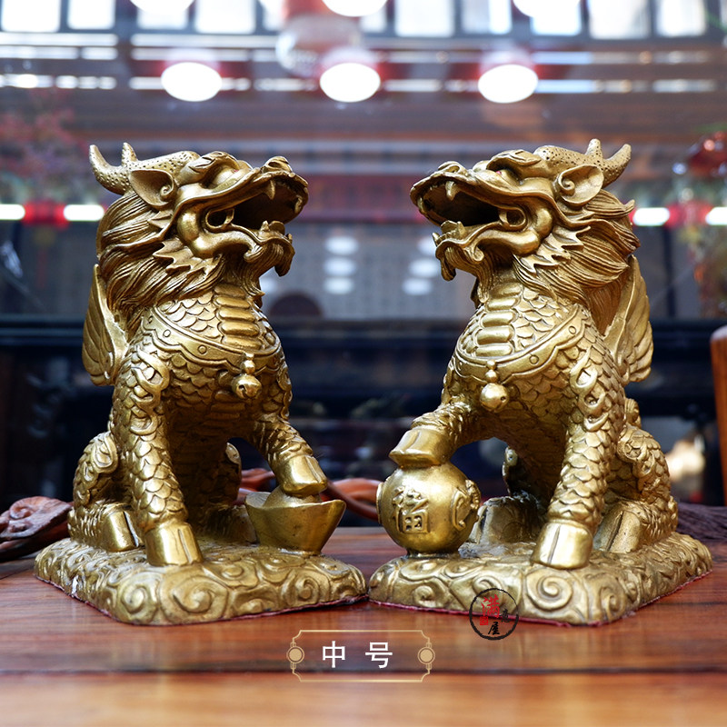 铜麒麟摆件一对大小号客厅卧室店铺招财鎮宅纳福家居客厅店铺装饰