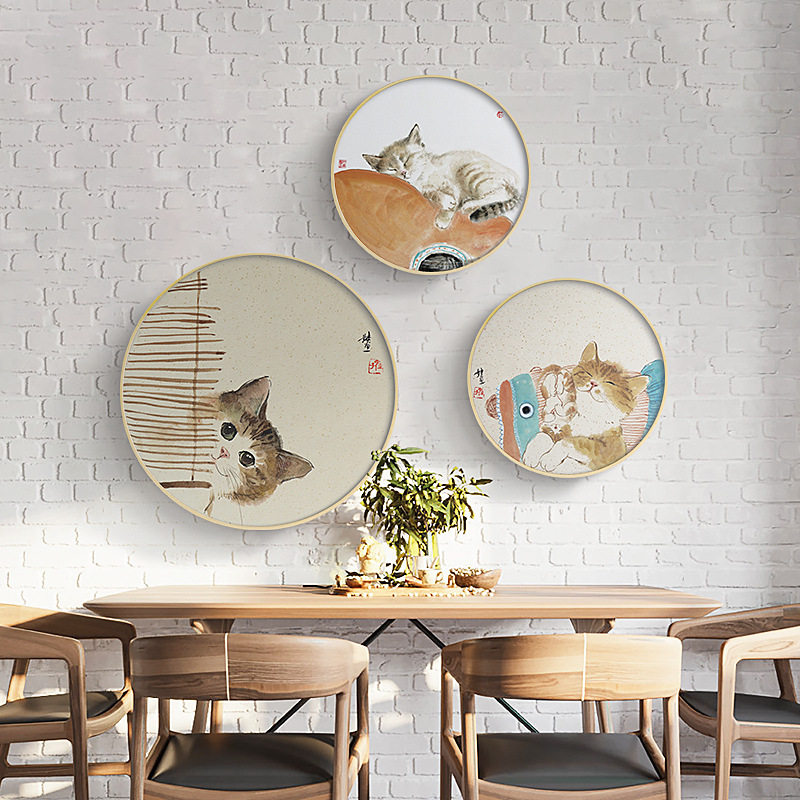 新中式装饰画卡通猫咪喷绘油画客厅沙发背景玄关墙上挂画圆形壁画
