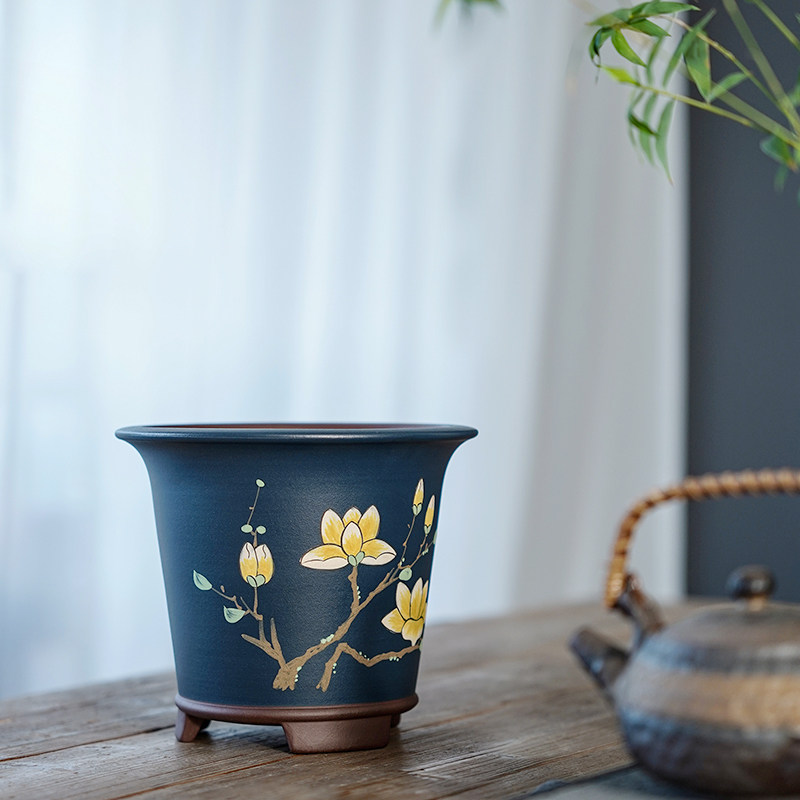 清香阁紫砂 圆口彩绘花盆 匠人手工桌面绿植花卉盆栽典雅紫砂花盆