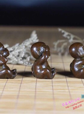 手工仿古实心紫铜日式茶宠小物件 不听不看不说三不猴茶道小摆件