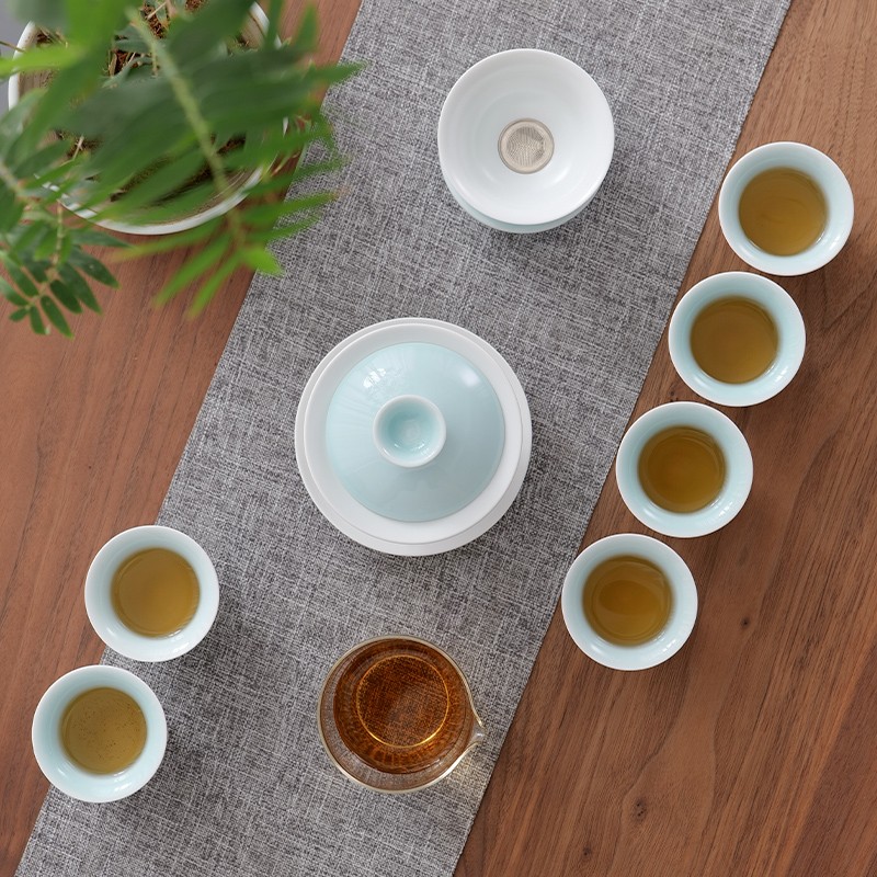 定窑盖碗茶具套装家用 会客厅小套陶瓷简约 功夫泡茶壶茶杯礼盒装