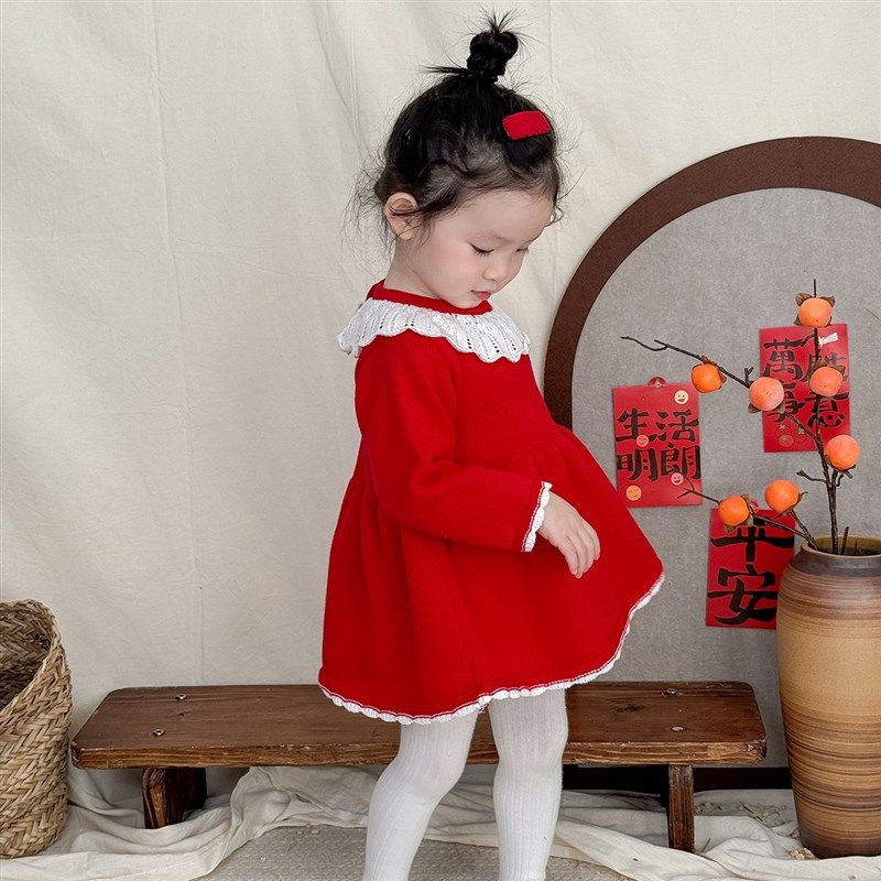 女宝宝秋冬针织连衣裙女童红色喜庆毛衣公主裙周岁礼服裙新年裙子
