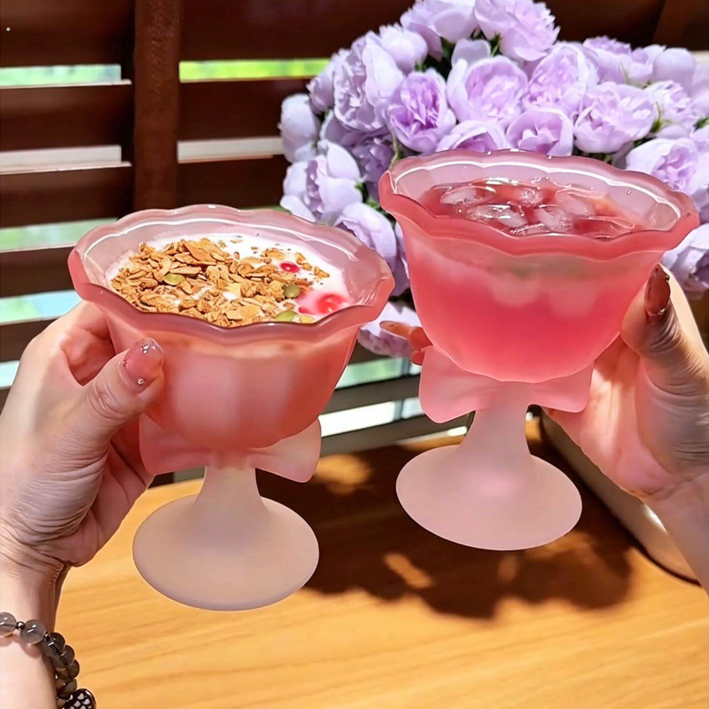 高颜值磨砂蝴蝶结玻璃杯高脚杯甜品杯女生微醺酒杯粉色果酒香槟杯