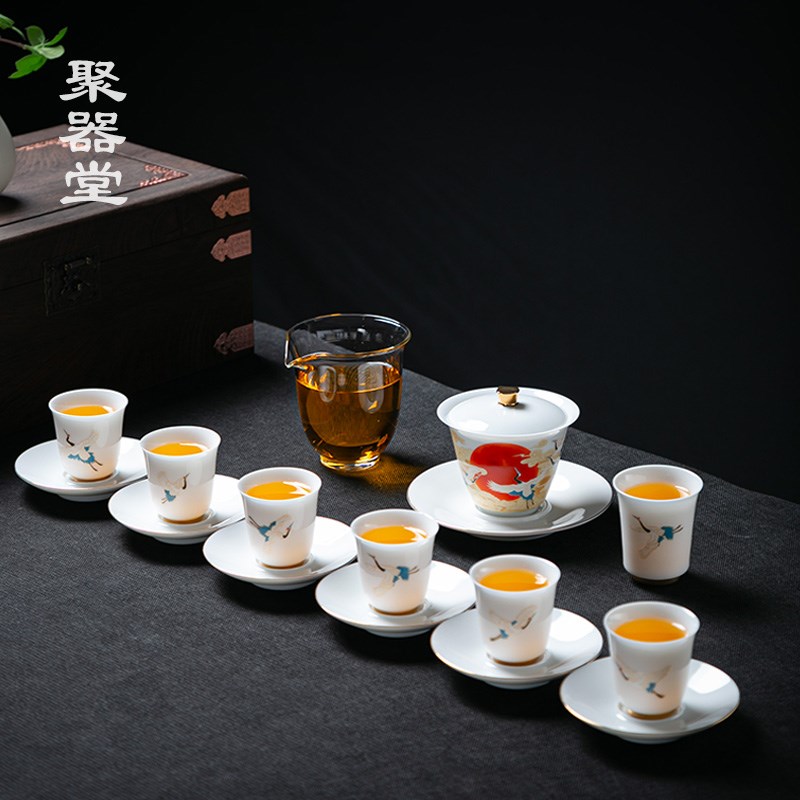 聚器堂高档中式甜白瓷仙鹤功夫茶具家用待客陶瓷盖碗茶杯茶具套组