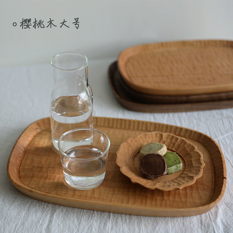 手作 日式实木托盘 纯手工雕刻樱桃木家用创意茶杯木盘子茶盘收纳