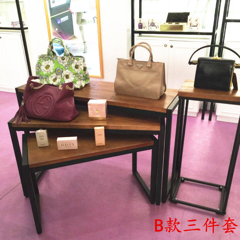 复古实木铁艺服装展示架服装店落地水管高低流水台鞋包展示柜包邮