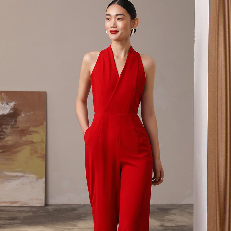 2023新款女夏春红色连衣体裤高级感高端真瘦裤腿阔长裤超雪纺显瘦