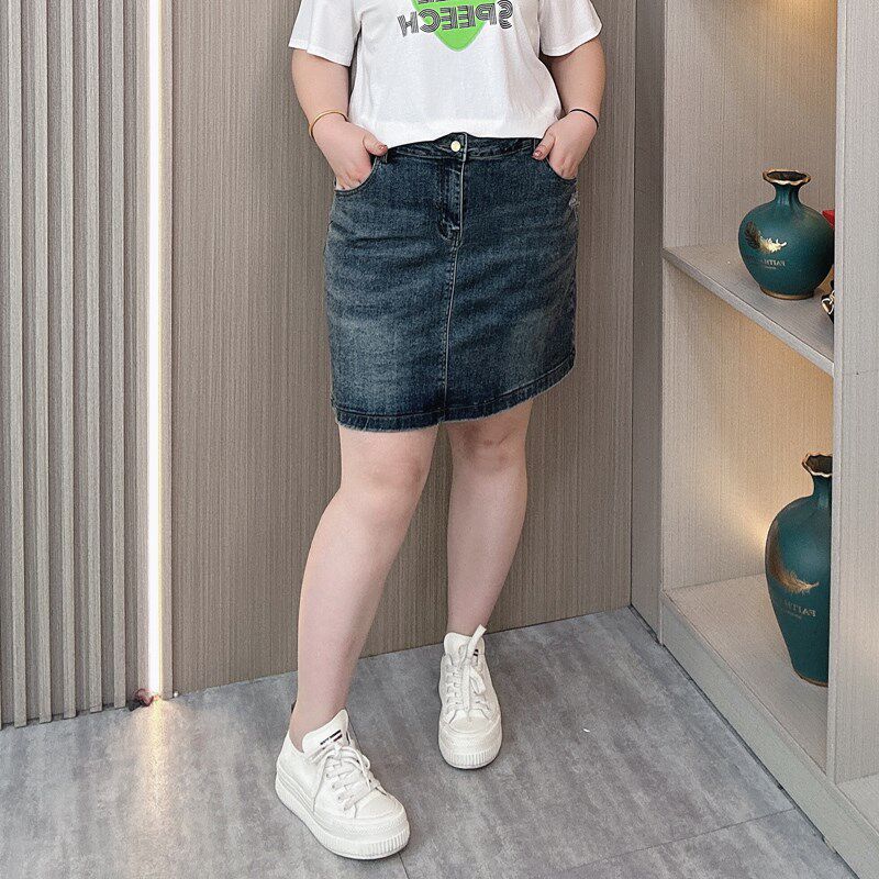 牛仔半身裙女夏2024新款大码女装胖mm宽松弹力显瘦a字休闲短裙子