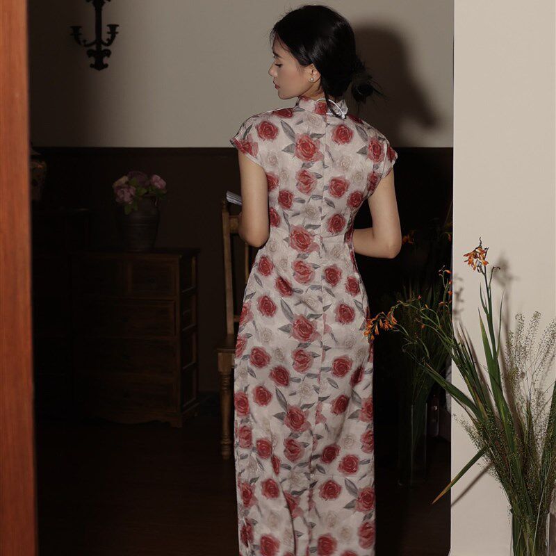 喵吉新中式国风修身收腰日常改良旗袍裙小个子长款碎花连衣裙女夏