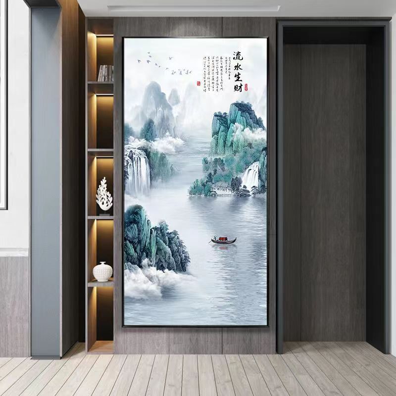 入户玄关山水画中式装饰画办公室挂画轻奢流水生财竖版走廊装饰画