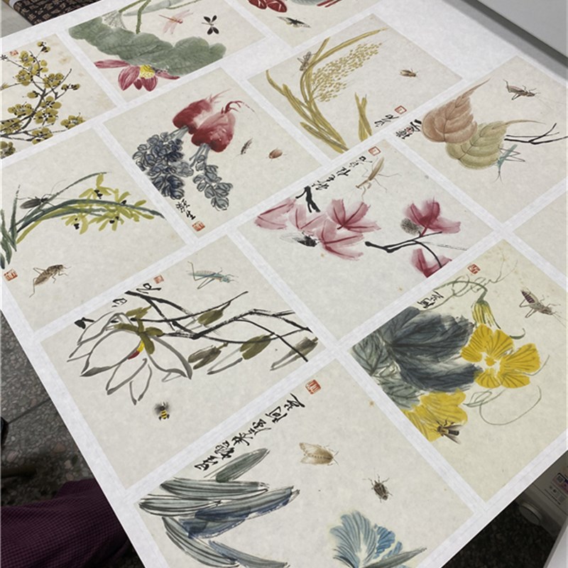 齐白石可惜无声花卉昆虫工笔画册页十二张微喷复制装饰画学习临摹