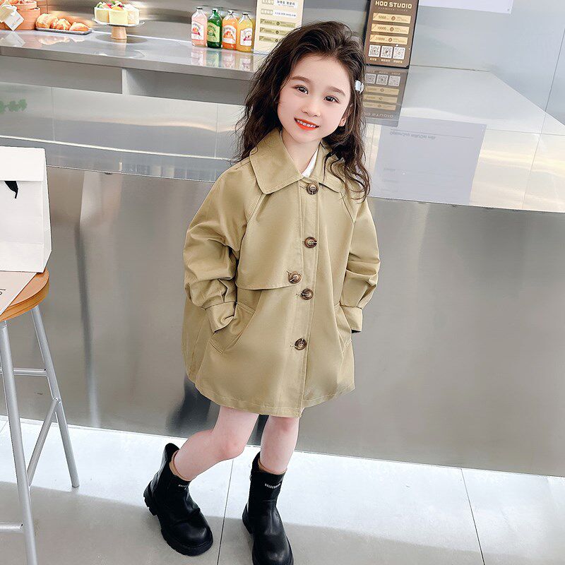 女童纽扣风衣中长款2024新款儿童洋气女孩女宝宝秋季秋装外套上衣