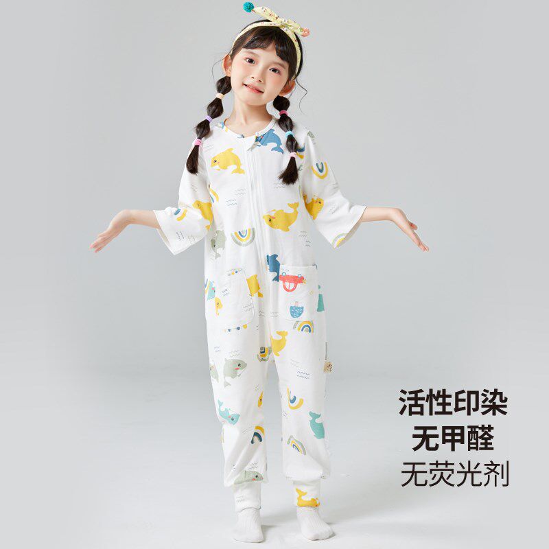 灵灵多夏季纯棉连体睡袋女童连身睡衣中大童防着凉家居服宝宝睡袋
