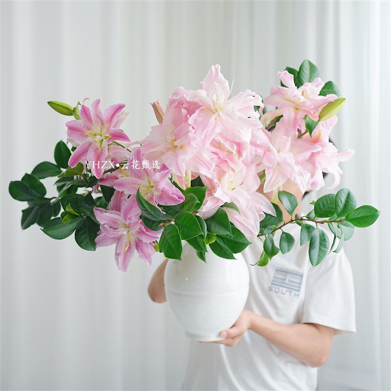 【云花甄选】浅粉色重瓣百合山茶叶组合花期久鲜花新中式玄关装饰