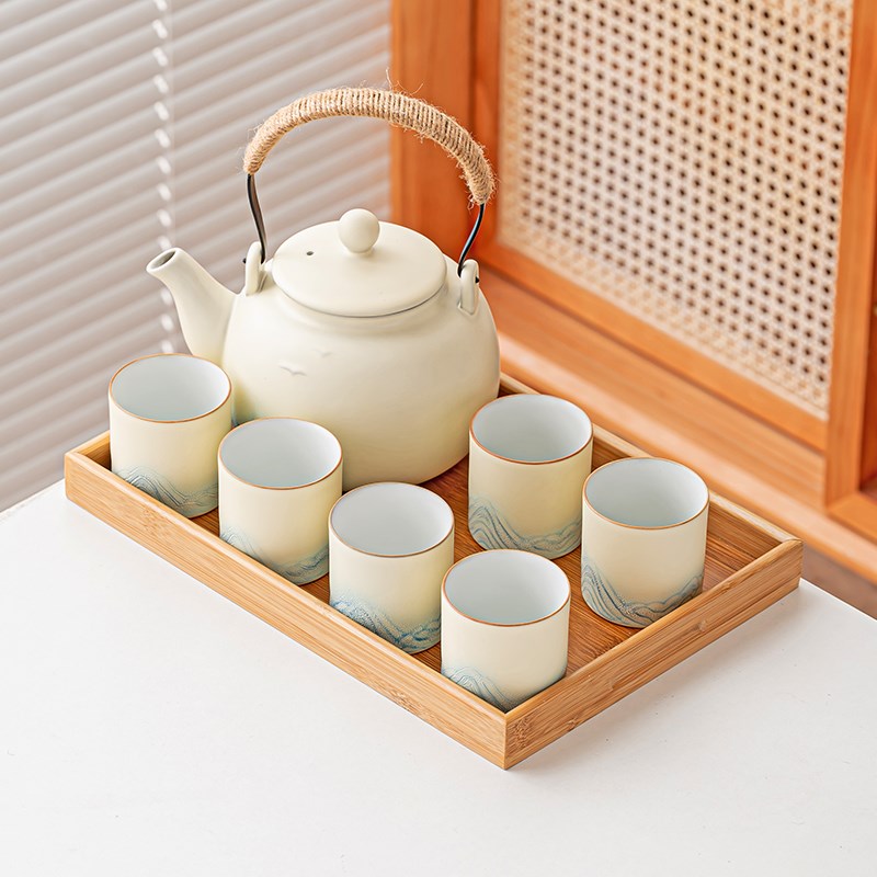 奶油风提梁壶功夫茶具整套陶瓷家用网红米黄清新简约茶壶茶杯套装