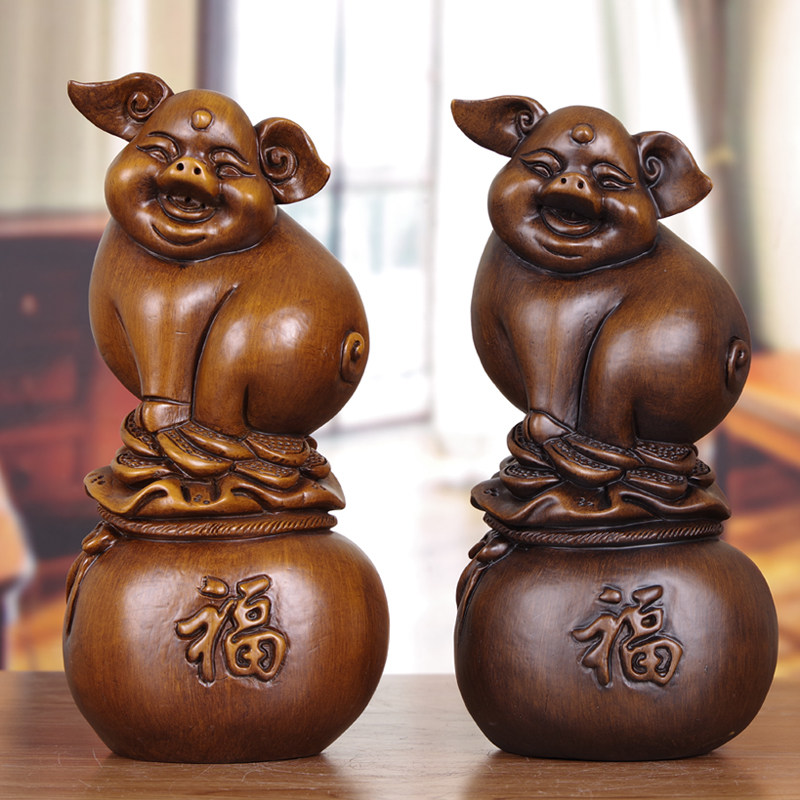 福猪摆件实木雕刻新中式招财猪装饰品家居客厅办公室开业生日礼品