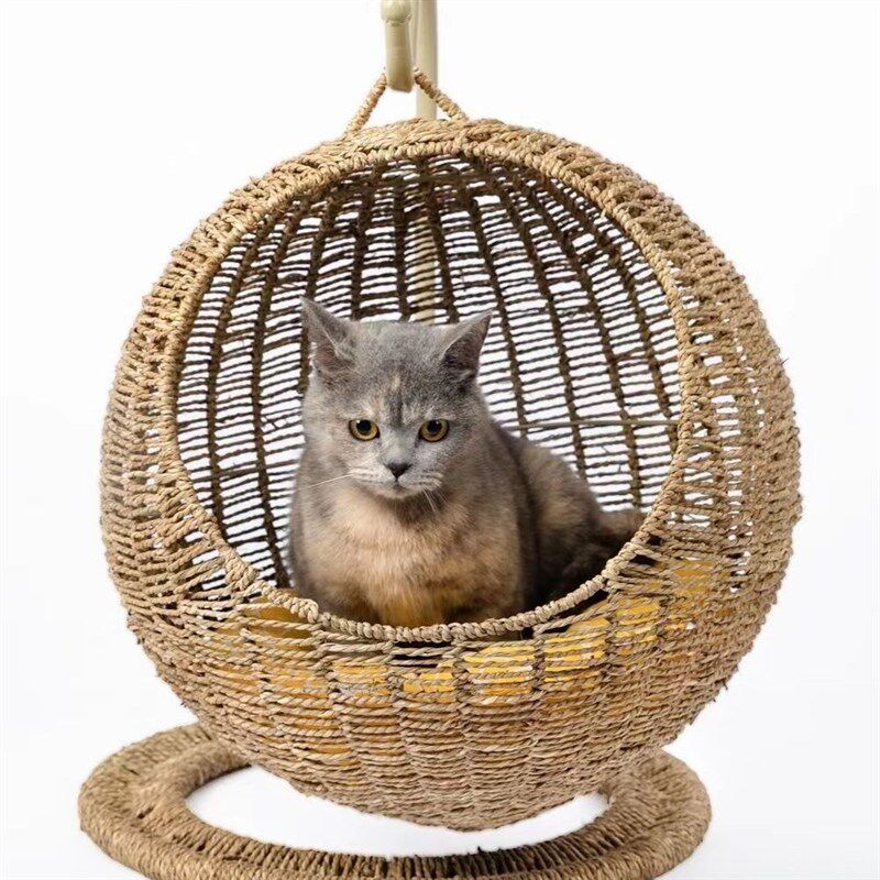 剑麻绳编猫窝半封闭圆形吊床夏季狗窝吊篮天然海草绳手工编织舒适
