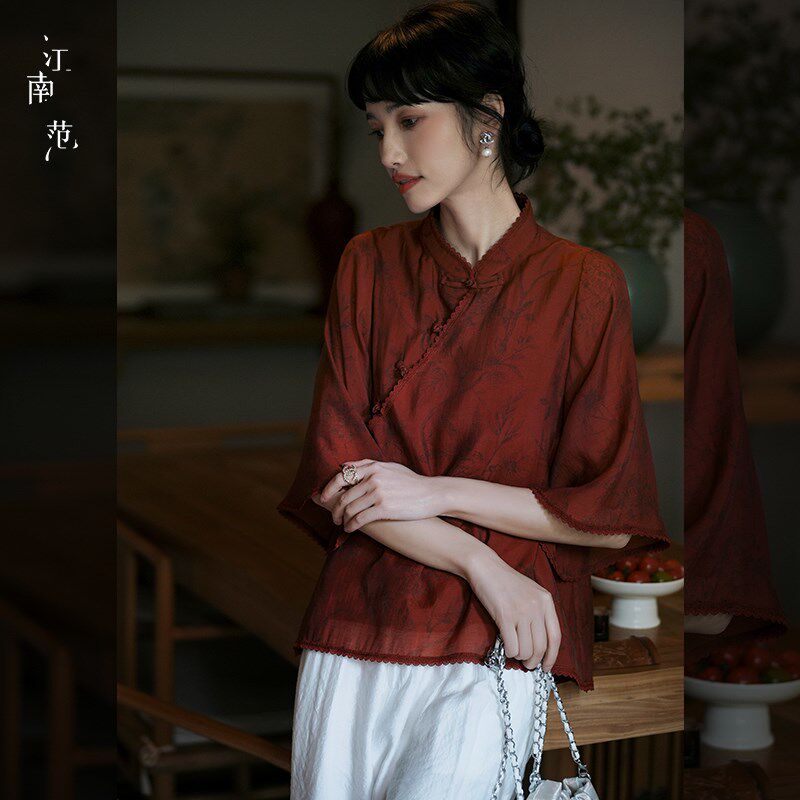 江南范新式红色改良倒大袖旗袍上衣2024年夏季年轻款百搭茶服小衫