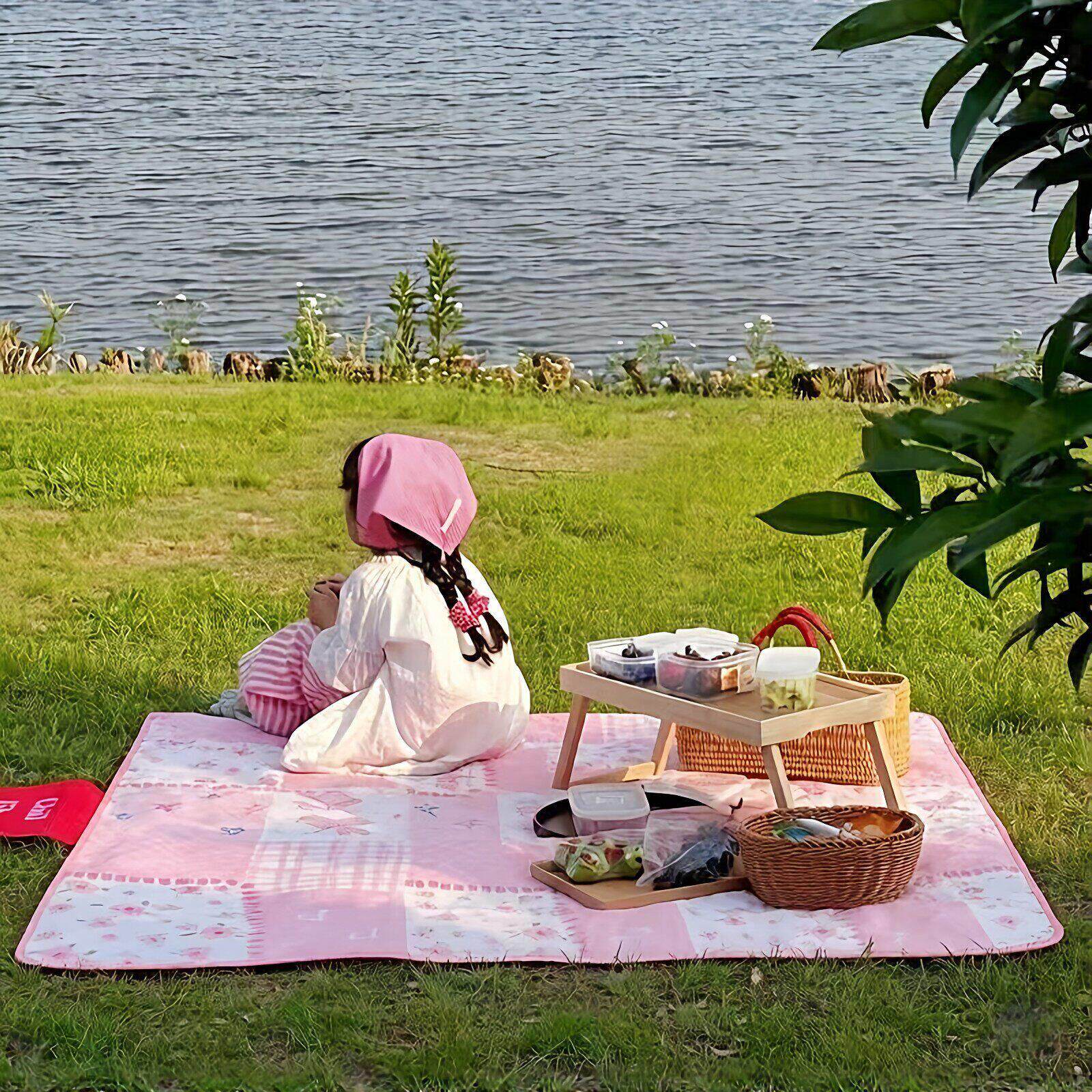 粉色蝴蝶结野餐垫婴儿公园草坪防潮垫亲子春游露营地垫海边沙滩垫