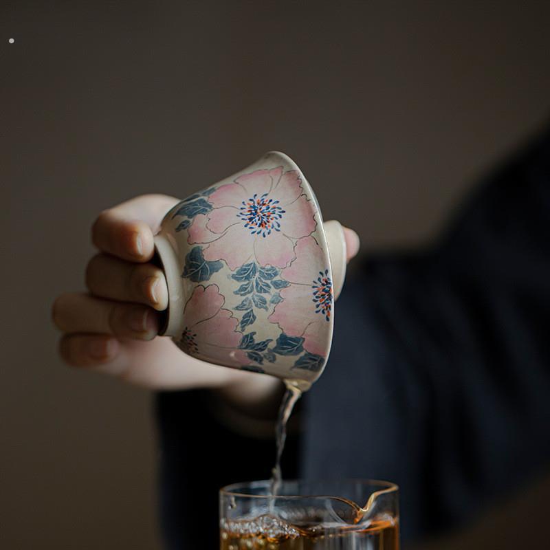 粉引手绘釉下彩牡丹盖碗手工粗陶粉引泡茶碗茶杯诧寂风泡茶器