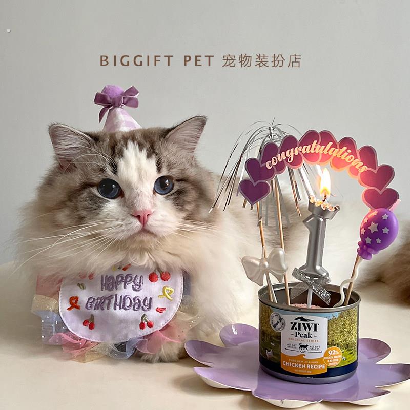 紫色系生日派对套装蛋糕蜡烛插件纸盘狗狗猫咪周岁围兜装扮用品