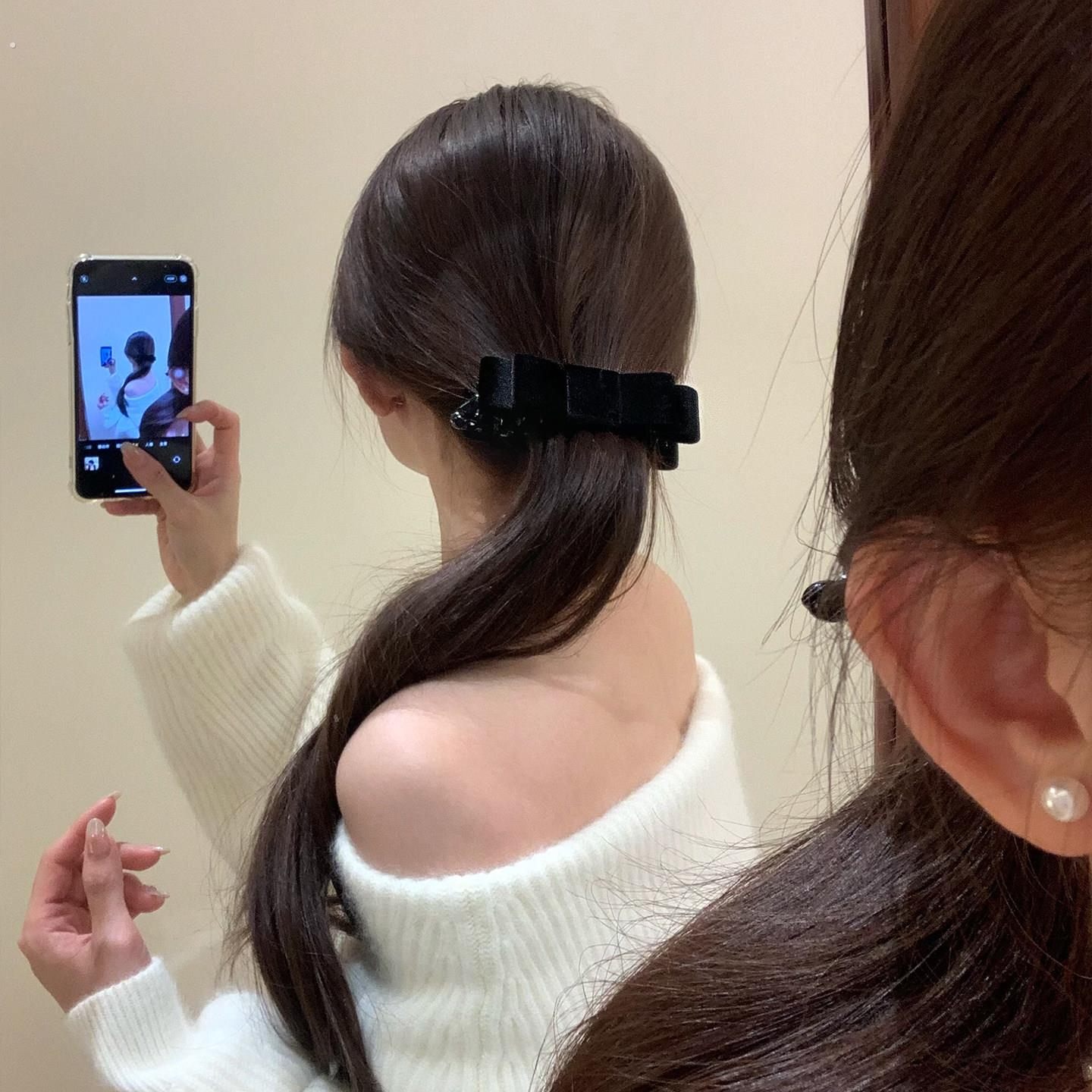 韩系高级丝绒蝴蝶结香蕉夹女2025新款半扎发高马尾竖夹横夹头发饰