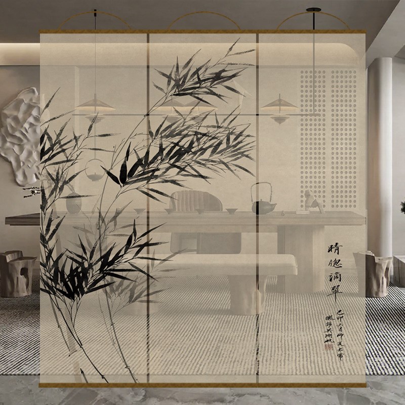 新中式水墨竹画电动透景屏风纱卷帘隔断帘挂帘窗帘玄关透光纱帘