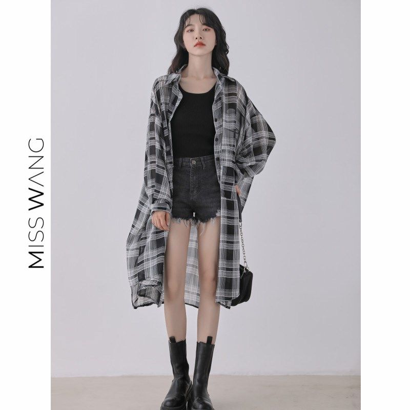 汪小沫 黑白格子衬衫女款2024夏季新款港风复古雪纺衫长袖防晒衣
