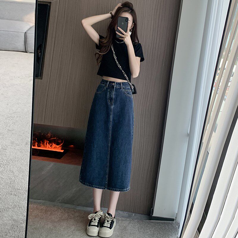 开叉半身裙女小个子夏装穿搭145显高xxs码复古高腰A字包臀牛仔裙