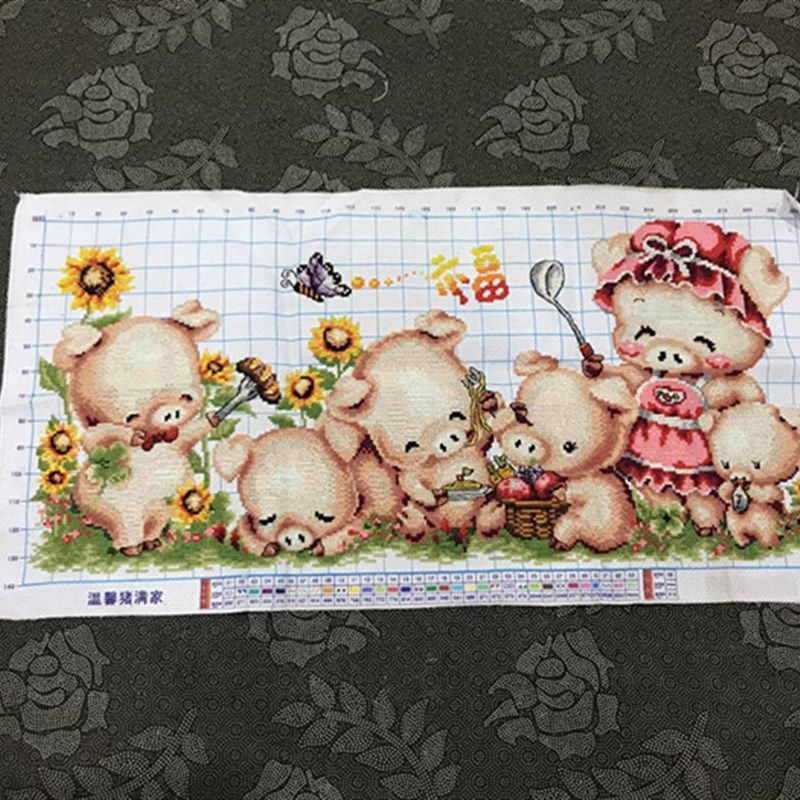 纯手工十字绣成品温馨猪满家小猪一家大幅新款客厅卧室包邮