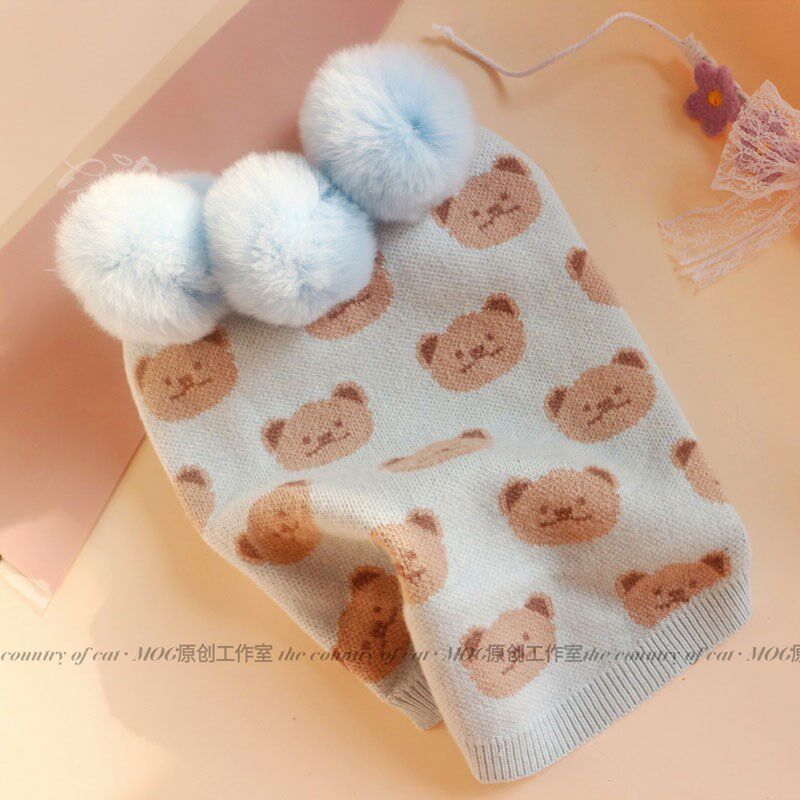 MOG 蓝色濑兔毛领卡通图案 猫咪毛衣衣服春秋冬保暖舒适包邮