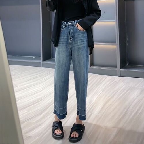 弹力牛仔裤女薄款2024夏季新款大码阔腿裤遮胯显瘦八九分直筒裤子