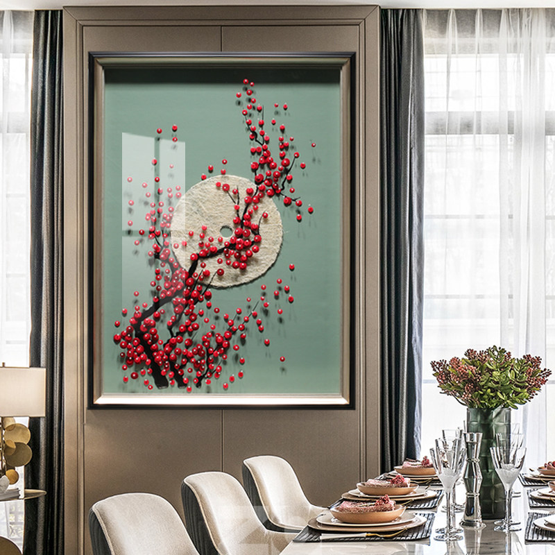 新中式餐厅立体手工实物挂画个性艺术饭厅定制壁画厨房背景墙装饰