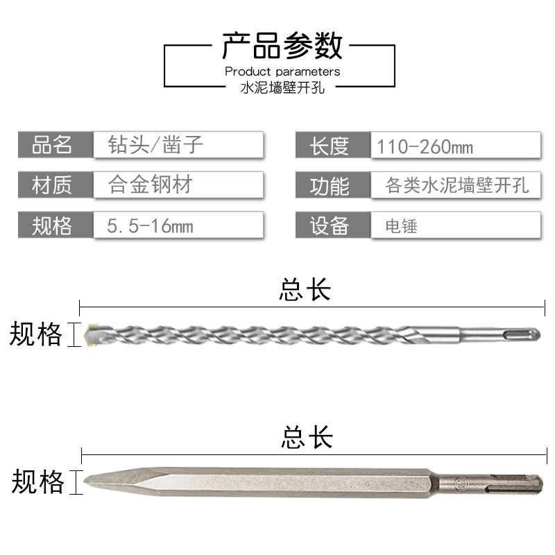 电锤钻头凿子组合套装圆柄两坑两槽尖扁凿混泥土砖墙凿洞钻墙钻孔