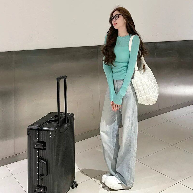 韩国2025开春针织衫女薄荷绿简约套头上衣薄款紧身甜辣风打底长袖