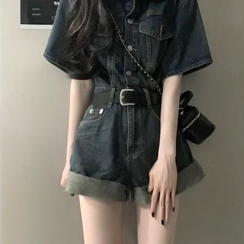 甜酷牛仔连体裤港风卷边短裤女夏季复古收腰显瘦阔腿裤连衣裤套装