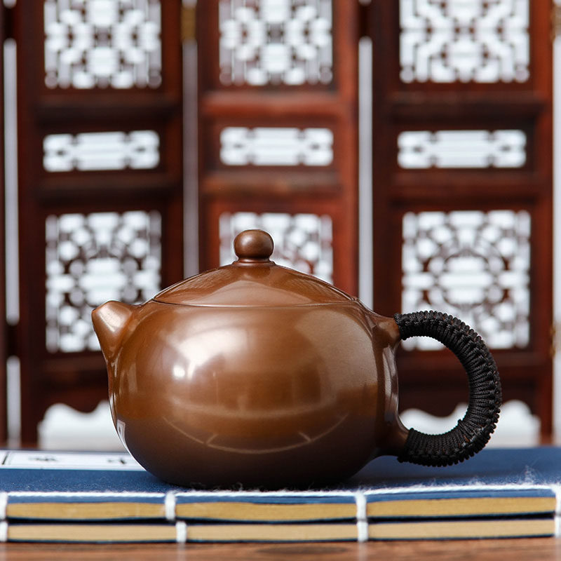 大红袍西施壶铜壶烧水壶手工倒把煮茶泡小茶壶套装紫铜茶道摆件