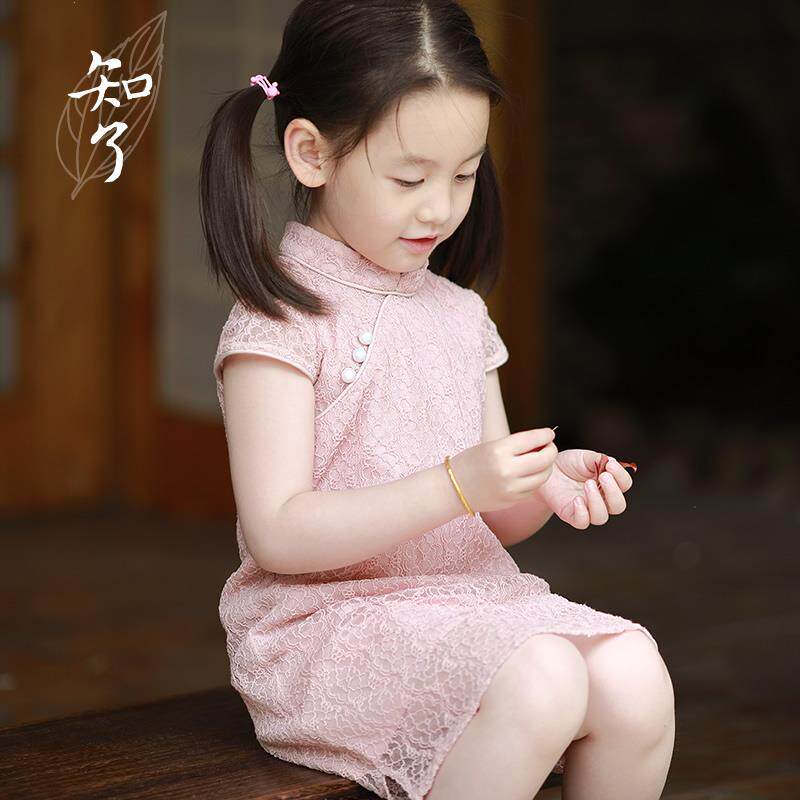知了童装 女童夏装蕾丝裙儿童旗袍新式改良中国风连衣裙 K3592