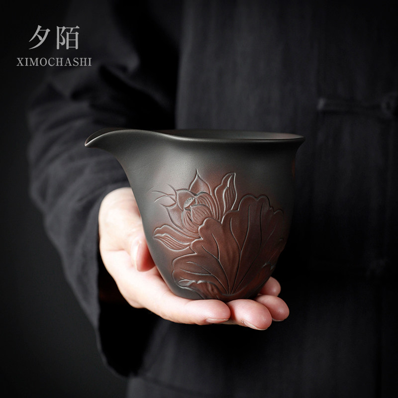 紫陶茶杯公道杯茶水分离泡茶紫砂高档手工跳刀浮雕分茶器茶海单个