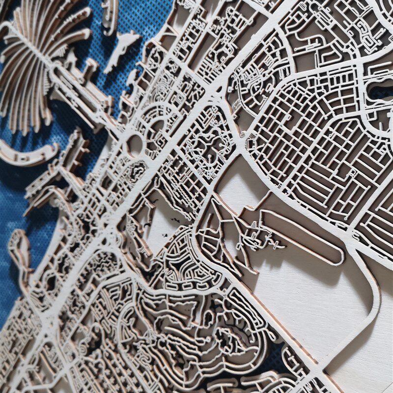 3D木质城市地图木制木雕客厅装饰墙画摆挂图件壁画手工艺品迪拜定