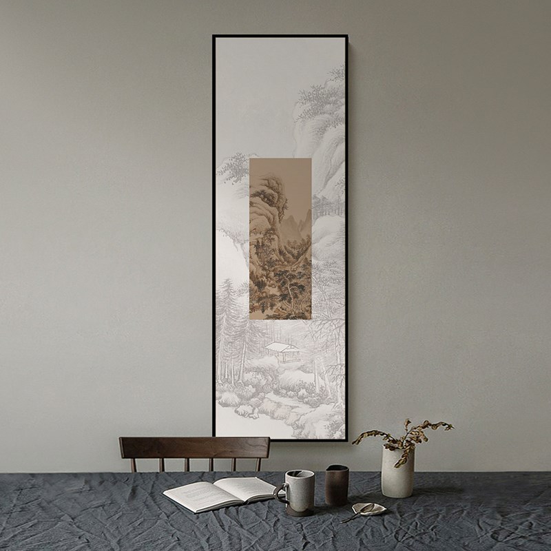 新中式古典组合装饰画山水抽象简约茶室挂画样板间艺术配画竖版画