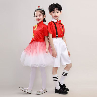 2026新款儿童合唱团表演男童礼服学生背带裤主持人演出服红色纱裙