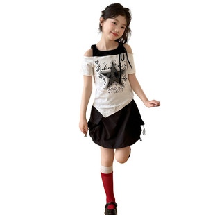 2026新款女童套装夏季儿童韩版露肩短袖夏装大童工装半身裙两件套
