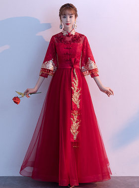 2026新款中式敬酒服新娘酒红色秋冬款结婚礼服女公主中国风礼