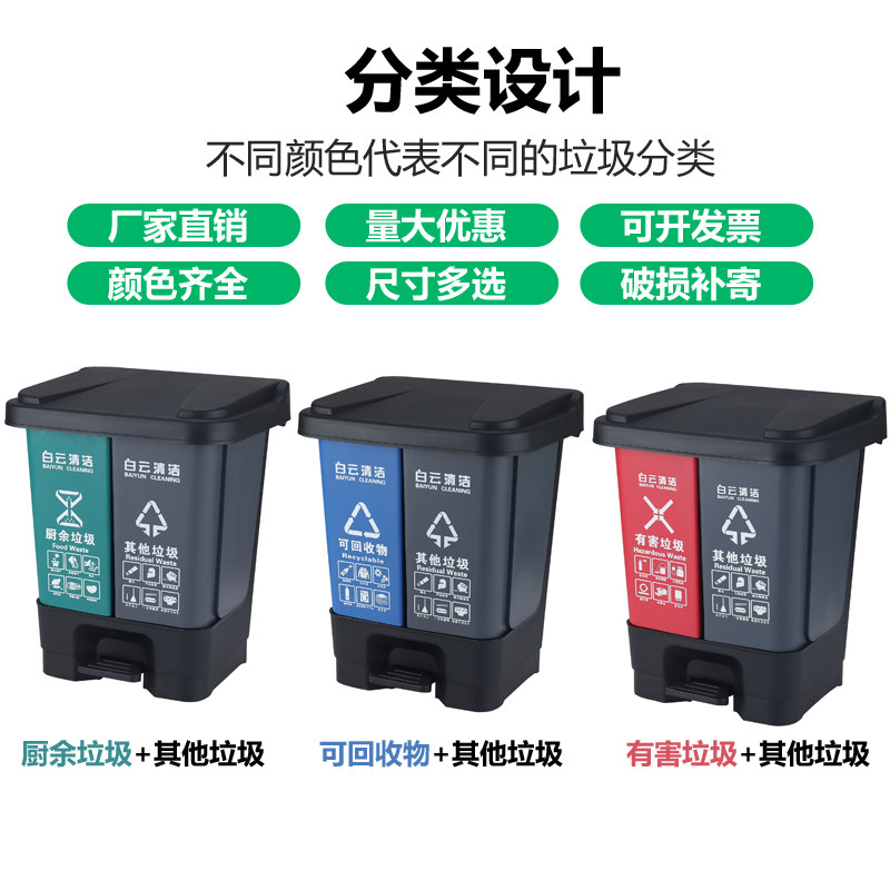 分类垃圾桶双桶脚踏塑料连体可回收其他厨余家用带盖大号桶商用图片