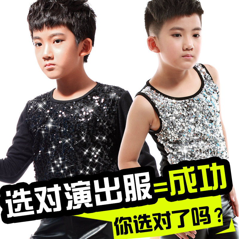 男舞台演出服装歌手主持人童装大合唱黑色亮片背心T恤男童演出服