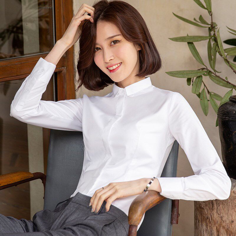 优柏灰色衬衣女长袖2024新款职业正装工作服小领工装上衣女士衬衫