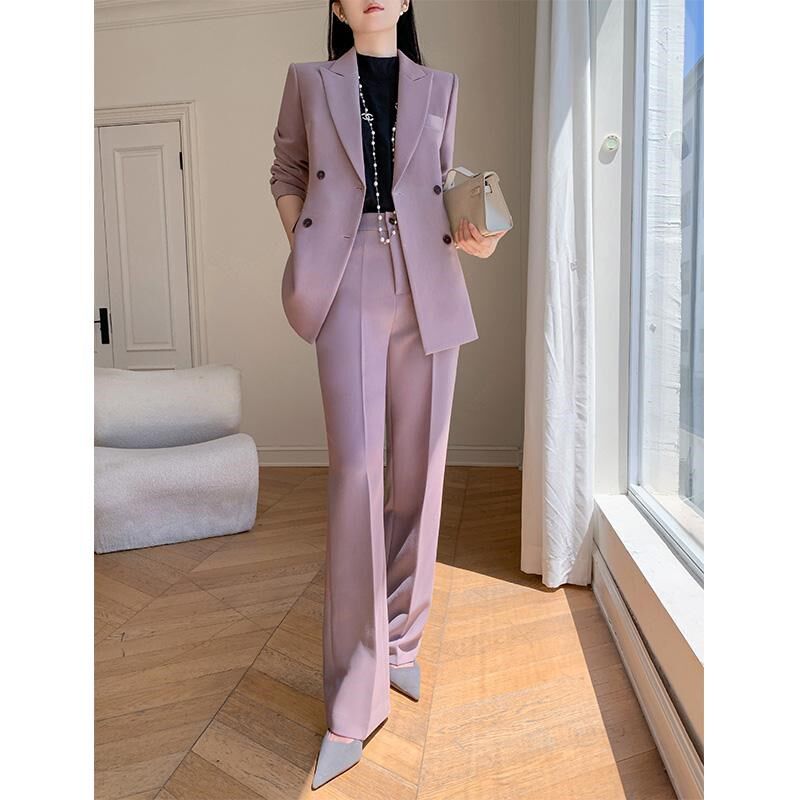 紫色休闲西装套装女2025新款春秋款高级感阔腿裤职业正装西服外套