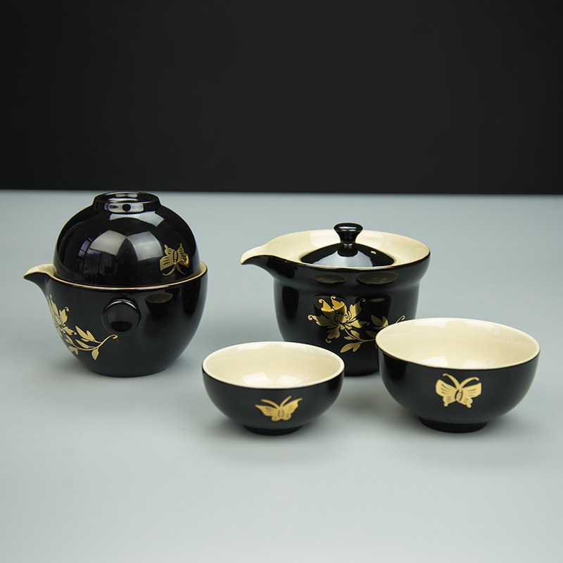 磁州窑黑釉茶具组 中式功夫手工梨形茶壶 安氏陶瓷便携快客杯